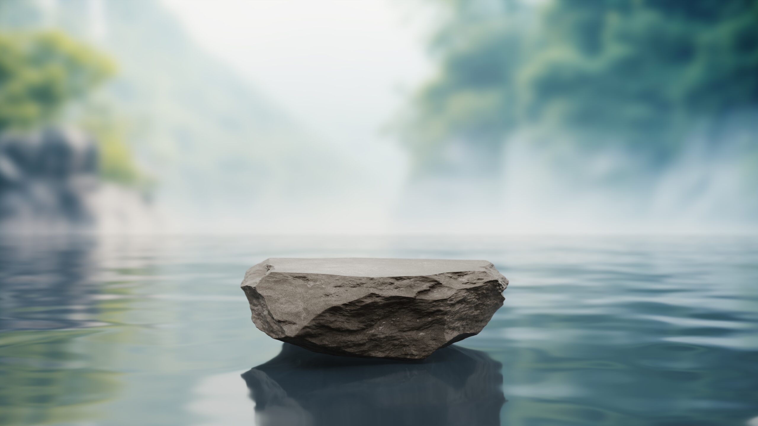 Stone,Pedestal,Display,On,Surface,Of,The,Lake,,Sky,,Mountains,